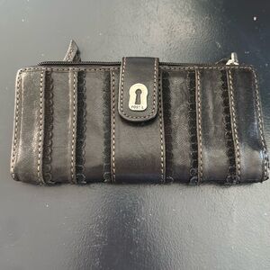 Vintage Fossil Key Scalloped Striped Leather Bifold Long Wallet Black Rare